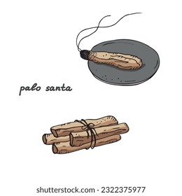 Palo Santo Aroma sticks of the sacred tree  from Latin America. A bunch of incense and a burning stick for fumigation and aromatherapy. Mystical symbol for spiritual practice vector illustration