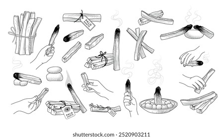 Palo santo. Aromatherapy natural wooden stick recent vector handdrawn illustrations