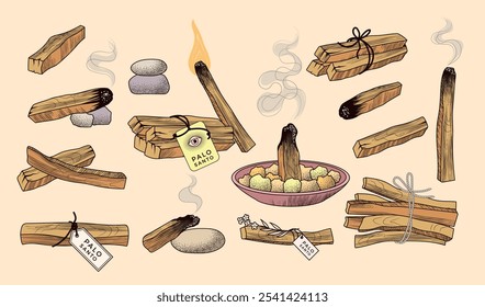 Palo santo. Hand drawn pictures of aroma wood stick for spiritual rituals recent vector aromatherapy natural items