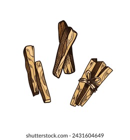 Palo Santo. Hand drawn sticks. Aromatherapy for meditation and relaxation, aromatic wood, sketch style drawing. Latin America burning incense with smoke. Yoga and esoteric. Vector illustration