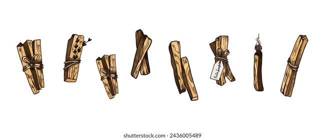 Palo Santo. Hand drawn sticks. Aromatherapy for meditation and calm relaxation, aromatic wood, sketch style drawing. Latin America burning incense with smoke. Yoga and esoteric. Vector illustration