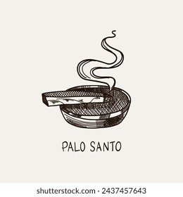 Palo Santo. Palos dibujados a mano. Aromaterapia para la meditación y relajación tranquila, madera aromática, dibujo estilo boceto. América Latina quemando incienso con humo. Yoga y esotérico. Ilustración de vector