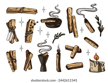 Palo Santo. Hand drawn sticks. Aromatherapy for meditation and calm relaxation, aromatic wood, sketch style drawing. Latin America burning incense with smoke. Yoga and esoteric. Vector illustration