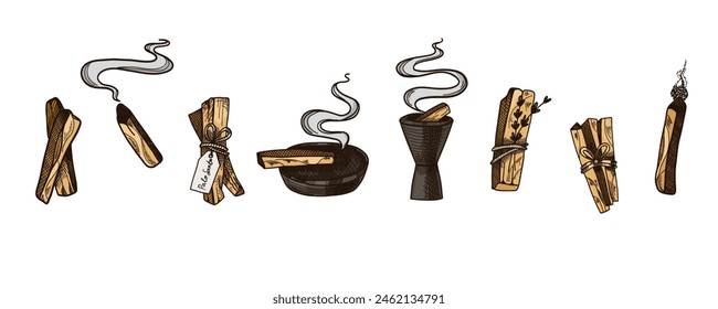 Palo Santo. Hand drawn sticks. Aromatherapy for meditation and calm relaxation, aromatic wood, sketch style drawing. Latin America burning incense with smoke. Yoga and esoteric. Vector illustration