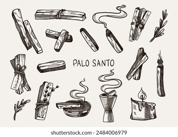 Palo Santo. Hand drawn sticks. Aromatherapy for meditation and calm relaxation, aromatic wood, sketch style drawing. Latin America burning incense with smoke. Yoga and esoteric. Vector illustration