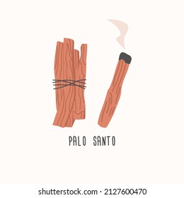 Palo santo holy wood tree, sticks bundle - flat vector illustration isolated on white background. Burning palo santo incense. Concept of smudging, relaxation and aromatherapy.