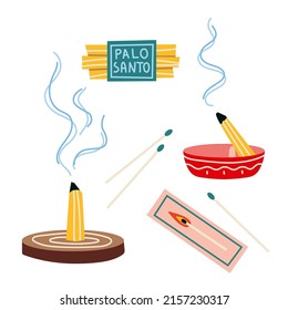 Palo santo holy wood tree set, burning stick, cartoon style. Concept of smudging, relaxation and aromatherapy. Trendy modern vector illustration isolated on white background, hand drawn, flat design.