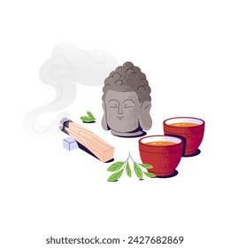 Palo santo, incense stick burning with flow of smoke. Tea leaves, Buddha head, herbal drink in cup. Spirituality aromatherapy. Traditional oriental ceremony. Flat isolated vector illustration on white