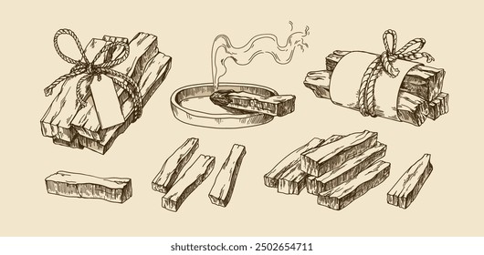 Palo santo, conjunto de madera de aroma natural. Corteza de árbol seca con humo aromático para rituales espirituales y ceremoniales. Palos de madera de aromaterapia, Paquetes. Ilustración dibujada a mano aislada sobre fondo blanco