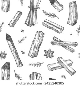 Palo santo pattern. Seamless print of folklore ritual burning stick, hand drawn aroma wood pile for fabric wallpaper. Vector texture of seamless background illustration