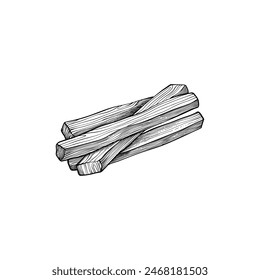 Palo santo stick. Hand drawn aroma burning stick, ritual element and sacred symbol for witchcraft, boho aromatherapy wood. Vector of aroma, esoteric hand drawn palo santo illustration on white