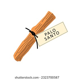 Palo Santo stick rewound with a ribbon with the tag Palo Santo . Palo Santo on a white background isolated in hand-drawn style