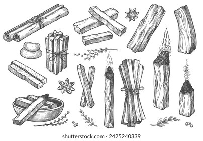 Palo santo sticks. Hand drawn aroma burning stick, ritual elements and sacred symbols for witchcraft, boho aromatherapy wood. Vector collection of aroma, esoteric hand drawn palo santo illustration