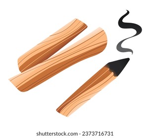 Palo Santo sticks, lighted with smoke, holy tree for raising vibrations and purifying your space. Isolated vector illustration