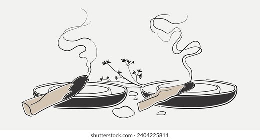 Palo santo wood and palo santo sticks line art drawing on beige background. Shaman medicine, aromatherapy tools and line set. Vector illustration