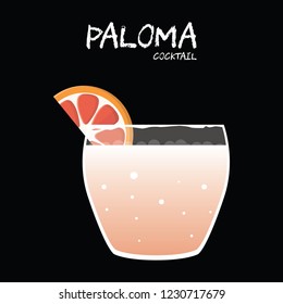 Paloma Cocktail Illustration In Vector With Grapefruit Wedge Garnish On Square Black Background.