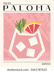 Paloma cocktail. Vector illustration of summer alcoholic drink garnished with grapefruit. Poster with tropical refreshing cocktail. Contemporary poster for bar, restaurants and menu.