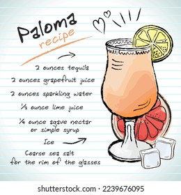 Paloma cocktail, vector sketch hand drawn illustration, fresh summer alcoholic drink with recipe and fruits