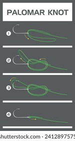 Palomar Knot. Knotting the line on the hook. Vector Fishing Knots.