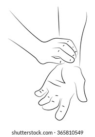 Palpation of the pulse, the hand on the pulse of sick, arms. Vector illustration, pencil drawing on the theme of medicine.