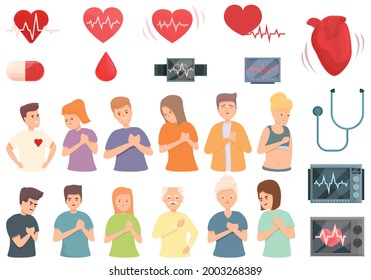 Palpitating icons set cartoon vector. Aid attack. Breath abdomen disorder