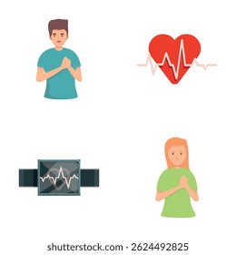Conjunto de iconos de palpitaciones Vector de dibujos animados. Frecuencia cardíaca en el monitor y la pantalla. Atención de salud, diagnóstico y tratamiento