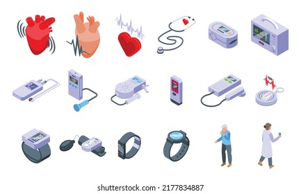 Palpitating icons set isometric vector. Abdomen aid. Breath attack