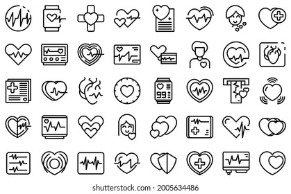 Palpitating icons set outline vector. Aid abdomen attack. Breath disorder