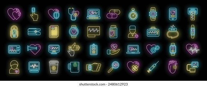 Palpitationen von Symbolen setzen die Vektorgrafik der Umrisse. Hilfe Bauch. Hilfsangriff Neonfarbe auf Schwarz