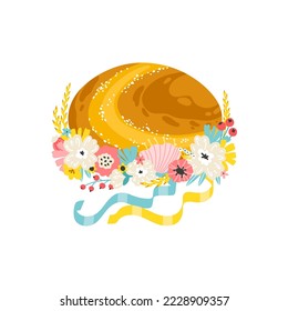 Palyanytsia Ukrainian bread decorated with flowers and yellow-blue ribbons. Loaf with salt. Vector illustration in simple hand drawn style. Isolate on a white background in pastel colors