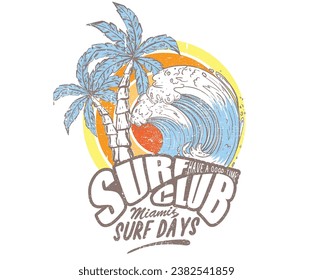 Pam tree t shirt print. Summer good vibes. Paradise Print t shirt graphics design, typography slogan on palm trees background.  Beach summer time vintage print design artwork. Surf club. Big wave.