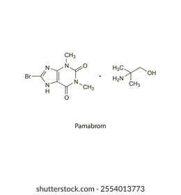 Pamabrom flat skeletal molecular structure xanthine diuretic drug used in menstrual relief treatment. Vector illustration scientific diagram.