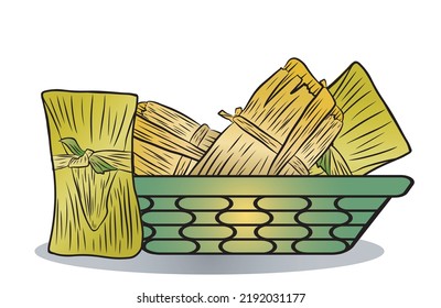 Pamonha Brazilian food. It is a cooked paste made from green corn tempered with sugar or salt served in corn husks. Vector illustration isolated on white background.