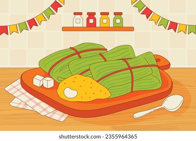 Pamonha. pamonha food. pamonha food illustration. traditional Brazilian food. Cartoon Vector illustration. Brazilian food. hand drawn pamonha illustration. Festa junina foods.