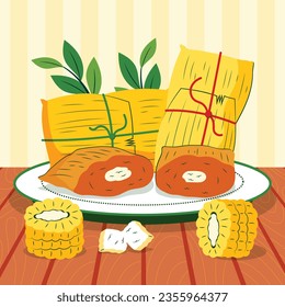 Pamonha. pamonha food. pamonha food illustration. traditional Brazilian food. Cartoon Vector illustration. Brazilian food. hand drawn pamonha illustration. Festa junina foods.