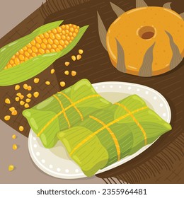 Pamonha. pamonha food. pamonha food illustration. traditional Brazilian food. Cartoon Vector illustration. Brazilian food. hand drawn pamonha illustration. Festa junina foods.