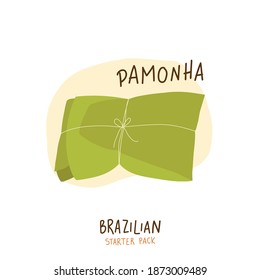 Pamonha. Pastel de maíz dulce. Caligrafía con dibujos de la mano portuguesa brasileña. Paquete de iniciación brasileño. Vector.