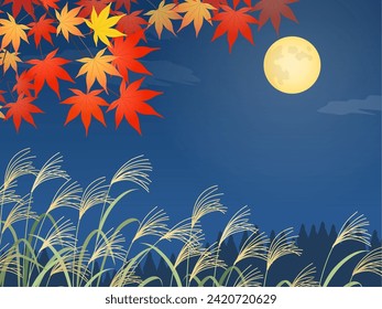 Pampas grass, autumn leaves and full moon landscape background