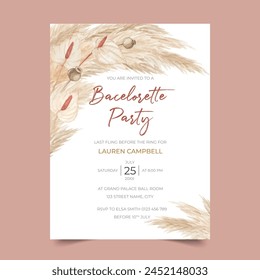 Pampas grass bachelorette party invitation template with calla lily	