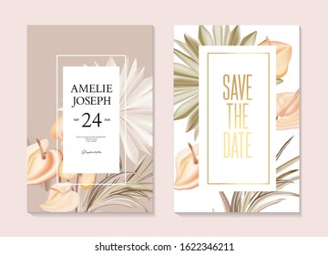 Pampas grass, calla hawaiian botanical romantic plant realistic vector illustration. Wedding party invitation, bridal shower, exotic buds with soft beige elements.