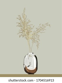 Pampas grass decor. Metal, mirror vase. Dried flowers for interior design. 
One line botanical graphics