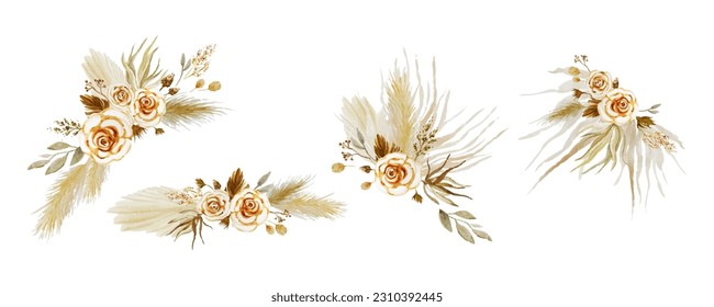 Pampas hierba, hojas de palma secas, rosasVector ilustraciones aisladas. Elementos de decoración botánica para Guardar la fecha, invitaciones de boda, postales, marcos, borde 
