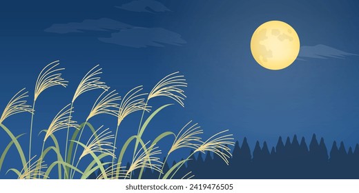 Pampas grass and full moon landscape background (2:1)