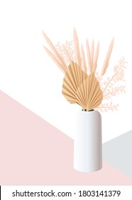 Pampas grass and palm leaves in a vase. Delicate composition of dried flowers