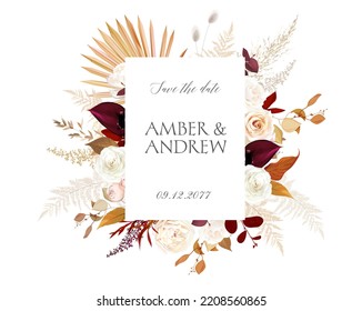 Pampas grass and roses, ranunculus vector design invitation frame. Rustic wedding greenery. Orange, creamy, beige, gold tones. Watercolor card. Summer rustic style. Elements are isolated and editable