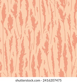 Pampas grass silhouette seamless pattern peach fuzz color. Herbs background for postcards, wallpaper, wrapping paper.