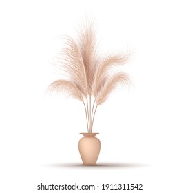 Pampas grass in vase. Dried floral ornament elements in boho style. Vector illustration isolated on white background. New trendy home decor. Stylish minimal design concept.