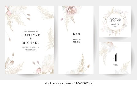 Pampas grass vector design frames. Wedding watercolor neutral nude colored flowers. White peony, dusty pink blush rose, beige magnolia, lagarus, dried leaves cards. Isolated and editable