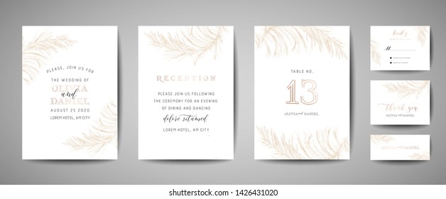 Pampas Grass Vintage Wedding Save the Date, Invitation Floral Cards Collection with Gold Foil Frame. Vector trendy cover, graphic poster, retro brochure, design template