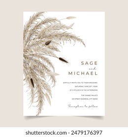 Pampas grass wedding invitation template, Bohemian watercolor pampas wedding invitation